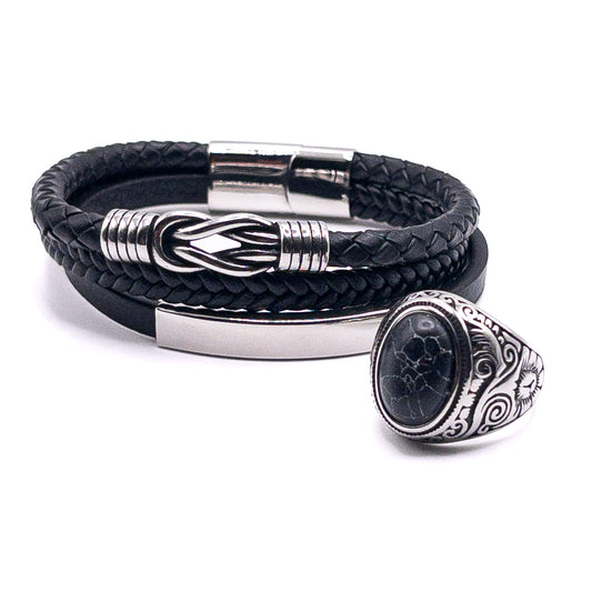 Set chevalière & bracelet cuir boucle