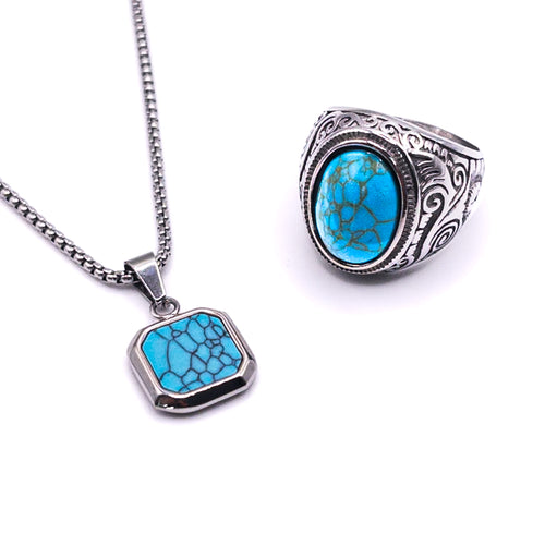 Set chevalière et pendentif - Howlite bleue