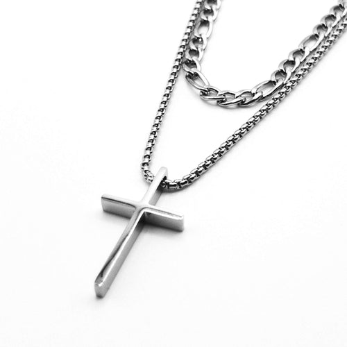 Set chaîne à mailles avec pendentif croix - Argenté