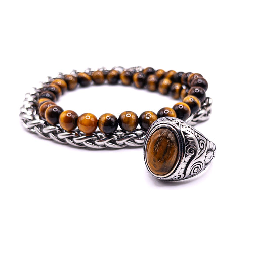 Set chevalière & bracelet "Shen" - Oeil de tigre